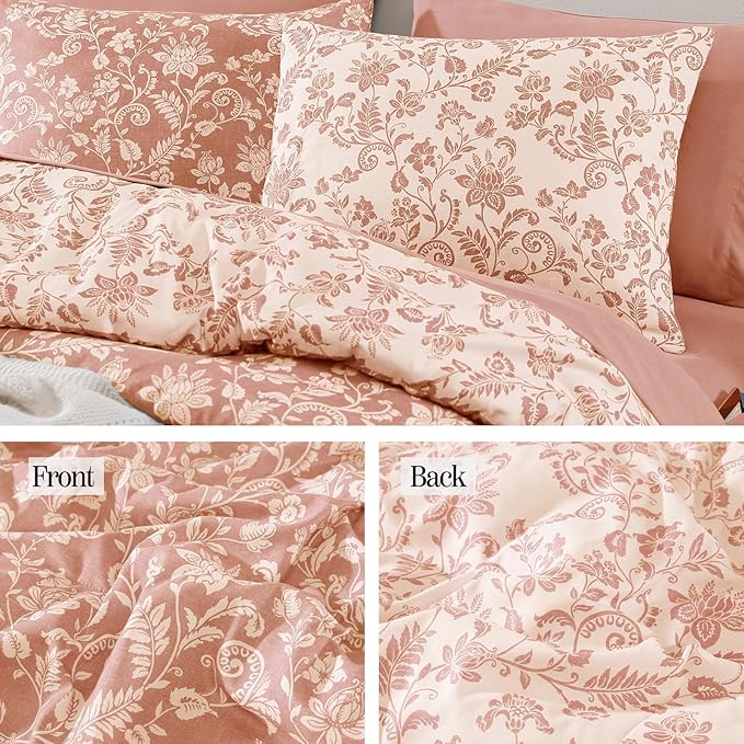 Queen Comforter Set -7 Pieces Clay Pink Floral Comforter Set for All Seasons, Bed in a Bag Queen with Botanical Flowers Comforter, Sheets, Pillowcases & Shams