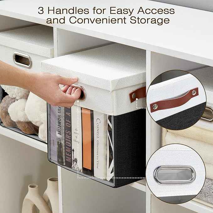 Fabric Storage Cubes with Clear Windows and Lids 11'' Foldable Storage Bins with 3 Handles, Decorative Storage Boxes for Home, Bedroom, Closet, Office (Balck & White)