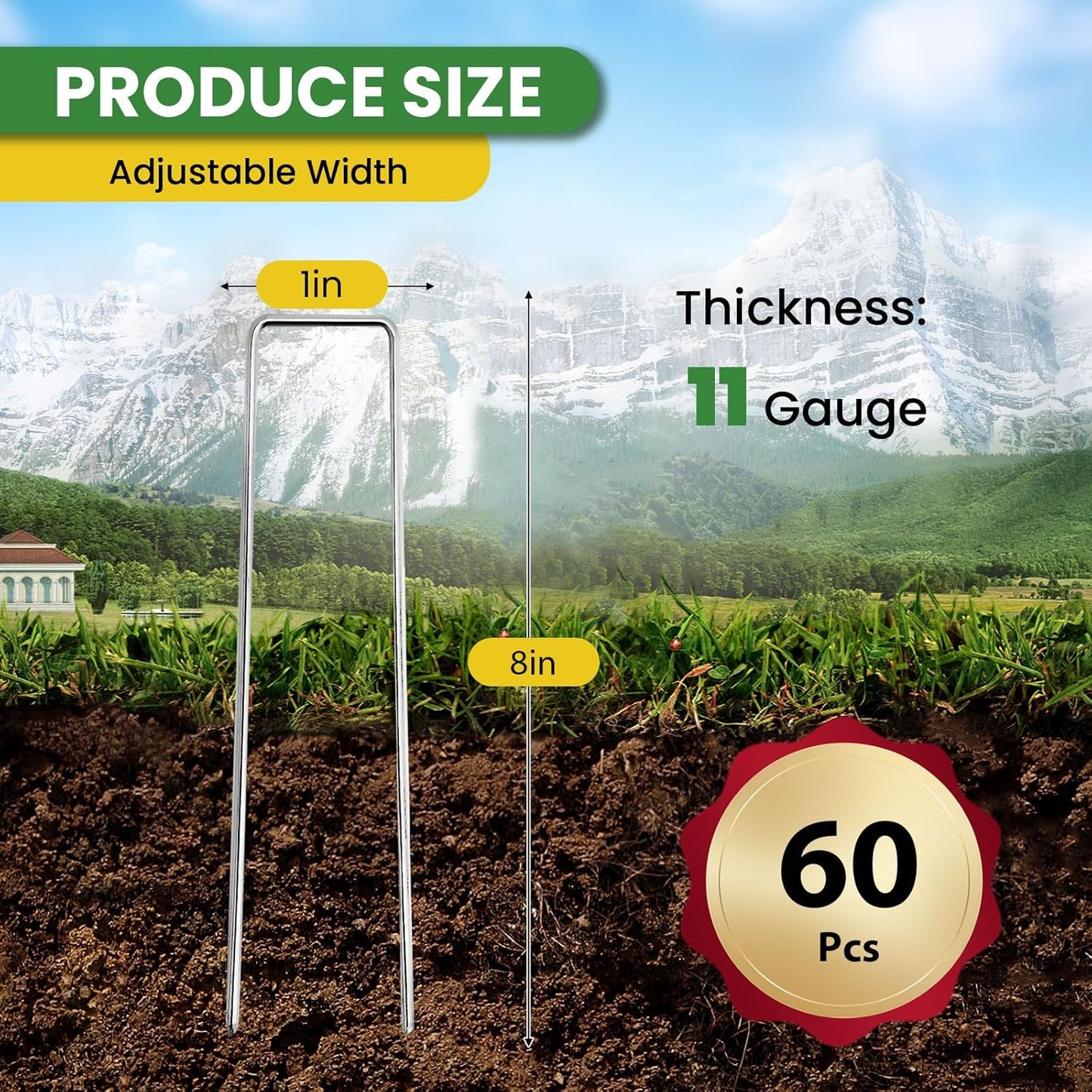 Landscape Staples 8 Inch 60 Pack, Garden Stakes Galvanized Garden Staples 11 Gauge, Plant Cover Stakes for Lawn Weed Barrier