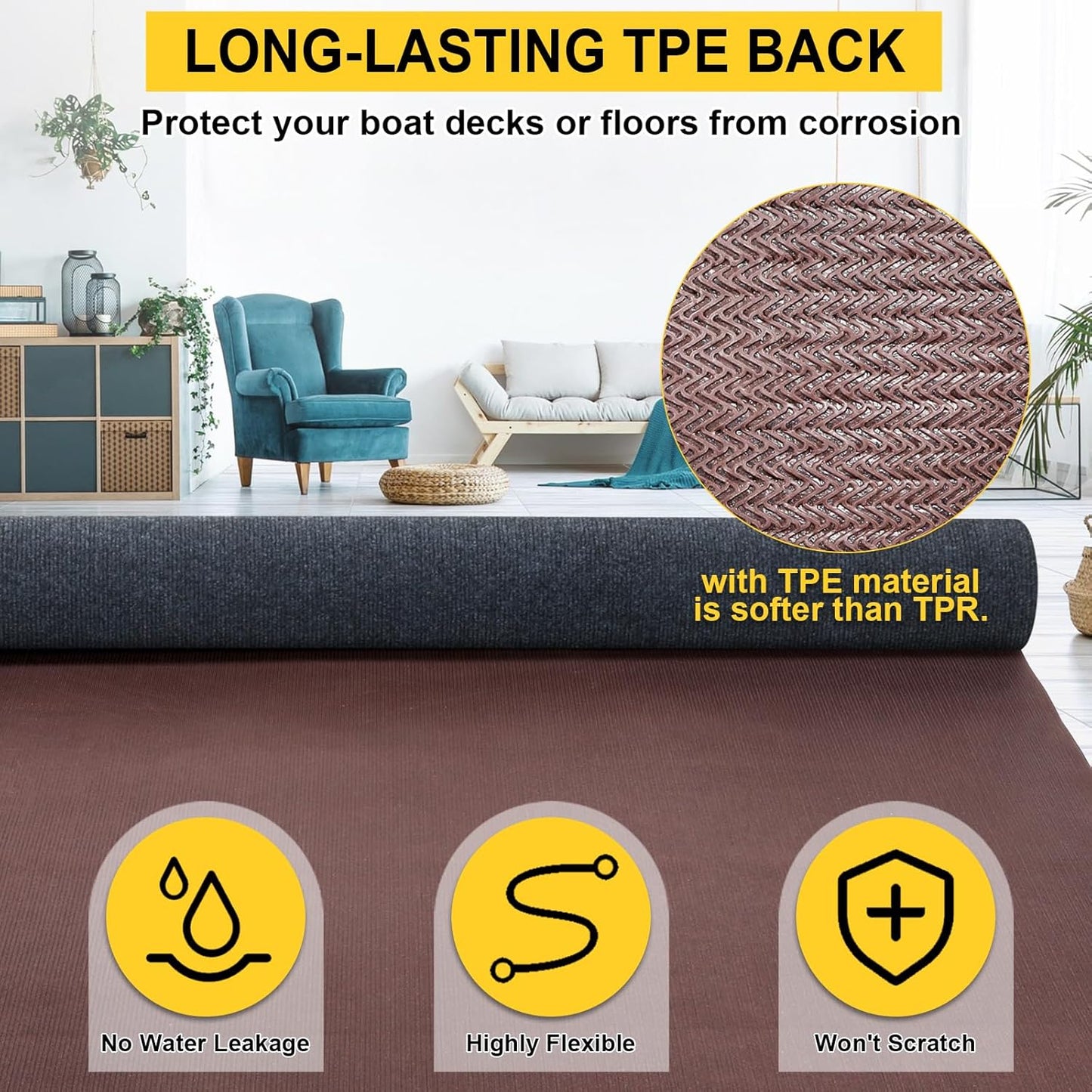 Marine Carpet,6 FT x 23 FT Dark Gray Indoor Outdoor Carpet 0.2" Thick Boat Carpet with Water-Proof TPE Backing, Non-Slide Outdoor Marine Carpet Roll for Home, Patio, Porch, Deck