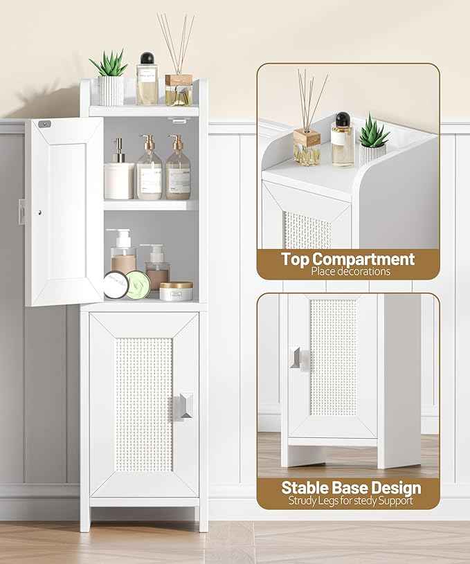 Rattan Small Bathroom Cabinet with 2 Doors, 7.9''D x 7.9''W Narrow Toilet Paper Storage Cabinet, Bathroom Organizer for Small Spaces, Slim Corner Unit with Adjustable Shelf, White Rattan