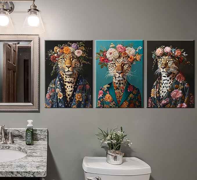 Bathroom Leopard In a Bathrobe Wall Art Maximalist Eclectic Cheetah Posters Pictures Animals And Flowers Canvas Prints Funky Animals Painting Wall Decor y2k Aesthetic Room Decoration Framed