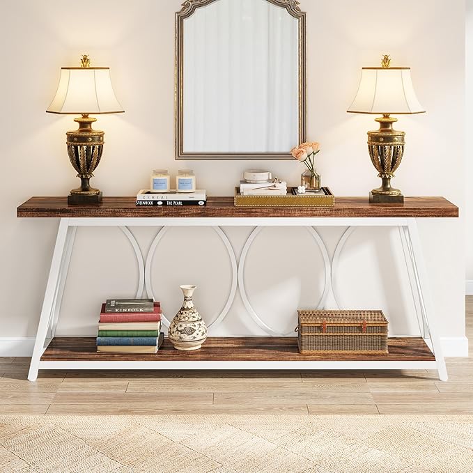 Tribesigns 70.9 inch Extra Long Console Table, Industrial Sofa Table Behind Couch with 2 Tier Storage Shelf, Narrow Entryway Hallway Accent Table for Living Room, White & Brown
