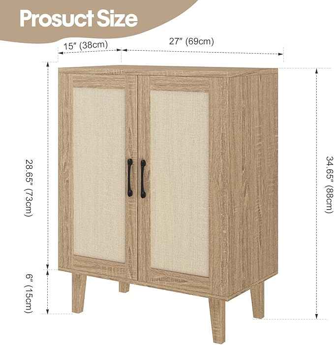 Panana Buffet Cabinet Sideboard with Rattan Decorated Doors Kitchen Storage Cupboard Accent Cabinet (Natural Wood)