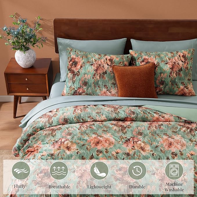 CASAAGUSTO Queen Comforter Set, 7 PCS Sage & Red Floral Comforter Set with Flowers Leaves Pattern, Soft Velvet Design for Winter Queen Size Bedding Set(90"X90")