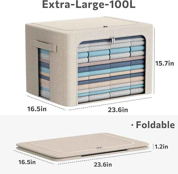 CYhom Extra Large Clothes Storage Bins - Linen Fabric Foldable Stackable Container Organizer Set with Clear Window & Carry Handles & Metal Frame - 2Pack Large Capacity for Bedding, Blankets, Books