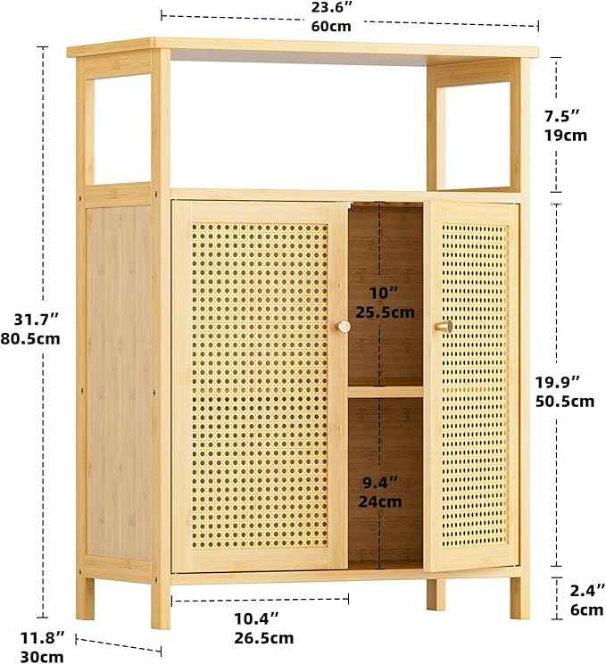 HITNET Rattan Bathroom Storage Cabinet, Bamboo Floor Cupboard with 2 Doors, Freestanding Side Organizer for Living Room, Kitchen, Entryway, Natural
