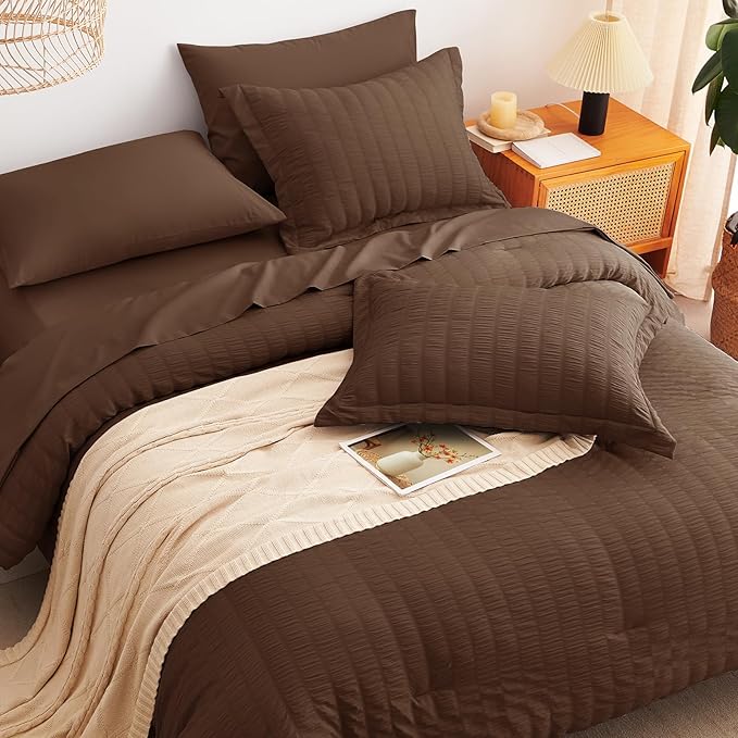CozyLux Oversized King Comforter Set Brown Seersucker 7 Pieces 120x98 Bed in a Bag Comforter Set with Sheets, Luxury Soft Bedding Sets with Down Alternative Comforter, Sheets, Pillowcases & Shams