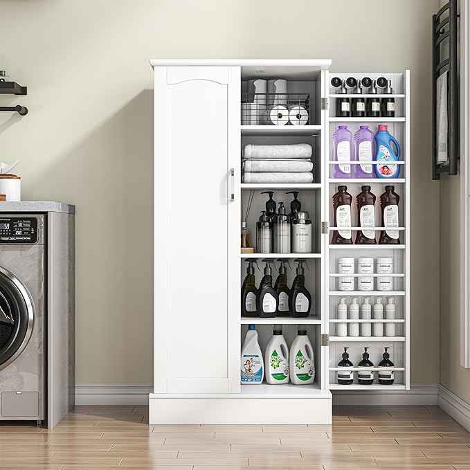 47” Pantry Cabinet, Kitchen Pantry Storage Cabinet with Doors and Adjustable Shelves,Freestanding Buffet Cupboards Sideboard for Living Room and Dinning Room (White)