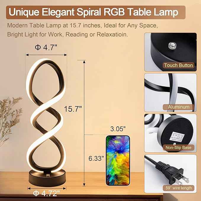Modern Table Lamp, 7 Colors 10 Light Modes Spiral Design Table Lamp, Touch Dimmable Nightstand Lamp, Unique Bedside Lamp for Living Room, Bedroom, Cool Lamps, Black
