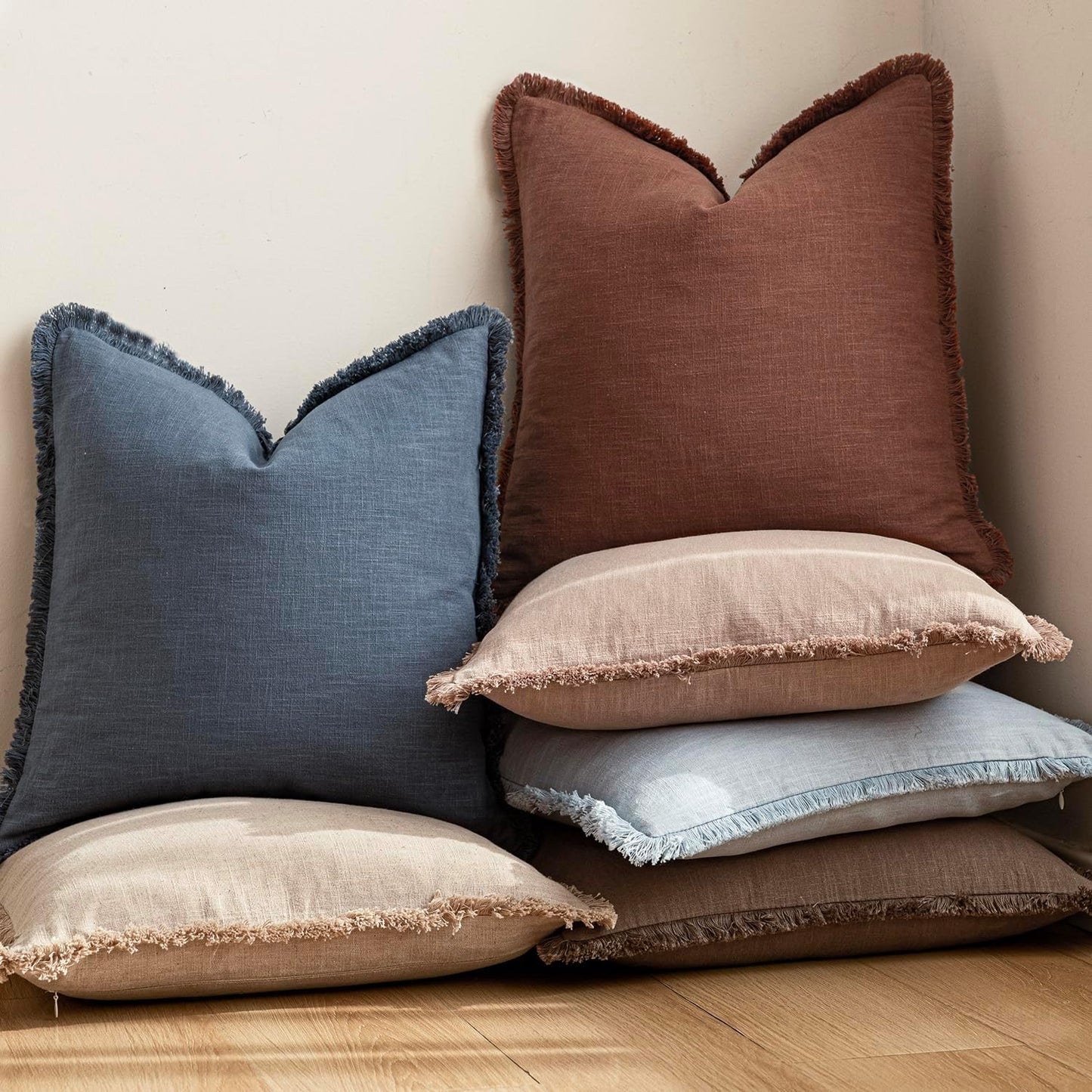 Foindtower Set of 2 Decorative Linen Fringe Throw Pillow Covers Boho Farmhouse Cushion Cover with Tassels Soft Accent Pillowcase for Couch Chair Sofa Bed Living Room Home Decor,16×16 Inch,Sky Blue