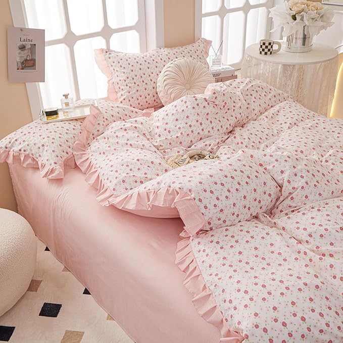 Pink Floral Comforter Set Full Romantic Ruffle Comforter with 2 Pillowcases Vintage Botanical Flowers Comforter Set for Girls Women Fluffy Soft Reversible Stripes Bedding Set with Lace for All Seasons