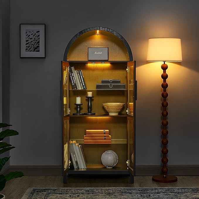 Arched Storage Cabinet with Doors, Display Cabinet with LED Light, 5-Tier Display Cases for Collectibles, Curio Cabinet with Ajustable Shelf for Living Room, Black