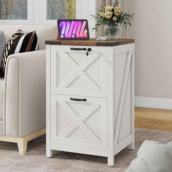 Vabches Vertical File Cabinet with 2 Drawers, Wooden Farmhouse Filing Cabinet for Letter/A4 Size Hanging Files, Under Desk Printer Stand with Storage for Home Office, White and Lock