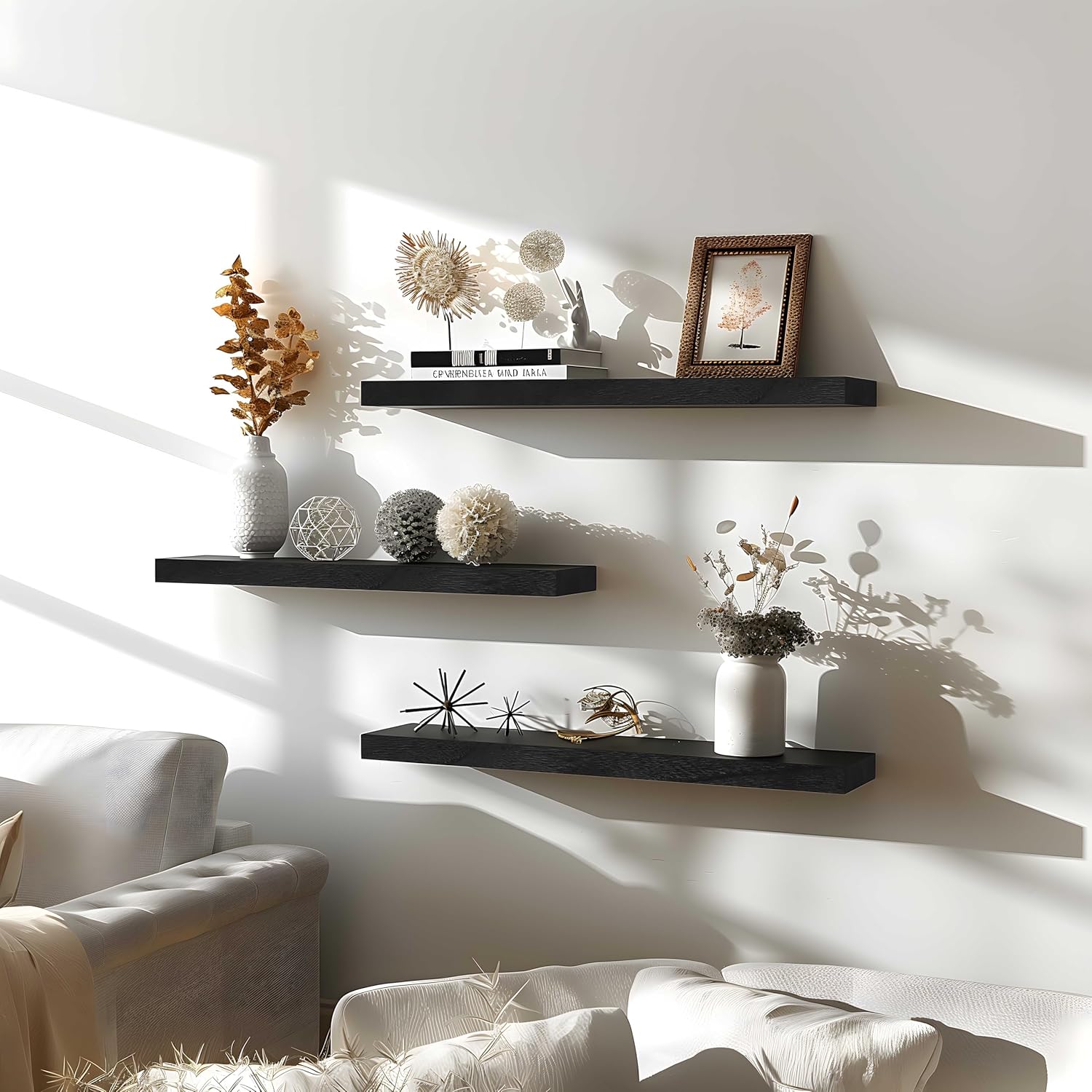 24 Inch Floating Shelves for Wall Rustic Black Wood Wall Shelves for Bedroom Set of 4 - Décor Diaries