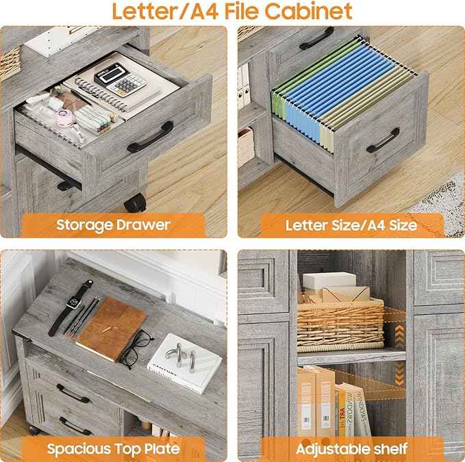 Vabches Farmhouse Filing Cabinet with Adjustable Shelf & Wheels, Lateral File Cabinets, Office Storage Cabinet with 4 Drawers and Open Storage Space, for Hanging Files Letter/A4, for Home Office.Grey