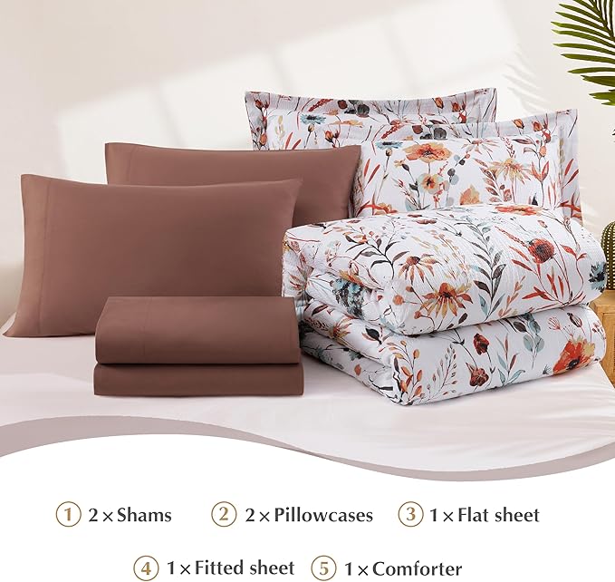 CASAAGUSTO King Comforter Set, 7 PCS White Floral Comforter Set with Terracotta Flowers Leaves Pattern, Soft Seersucker Design All Season King Bedding Set(102"X90")