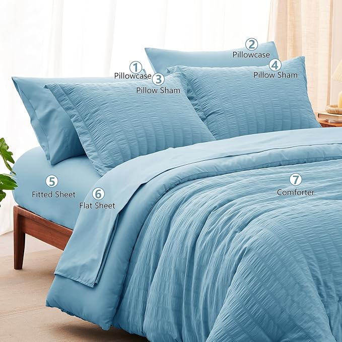 CozyLux King Size Comforter Set Sky Blue Seersucker 7 Pieces Bed in a Bag King Comforter Set with Sheets, Luxury Bedding Set with Down Alternative Comforter, Sheets, Pillowcases & Shams All Seasons