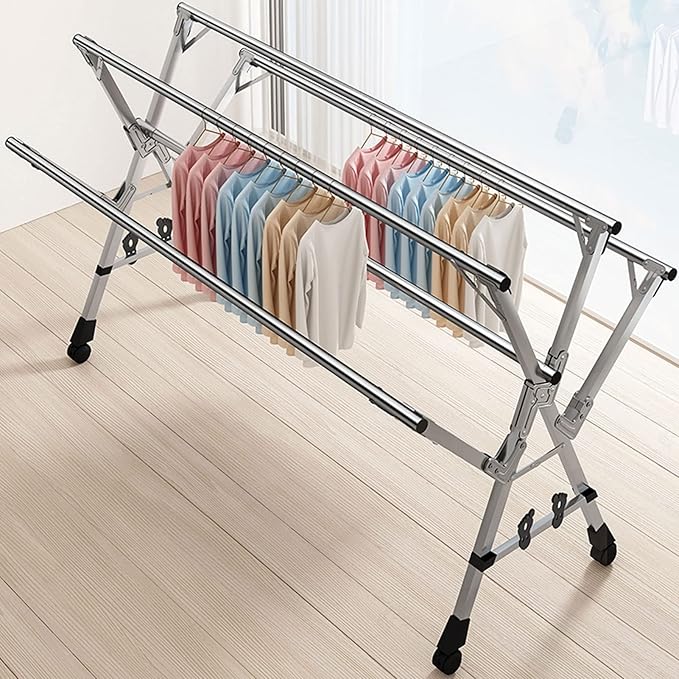 5Poles Clothes Drying Rack, Portable Drying Rack Clothing, Blanket Rack Clothesline with 20 Windproof Hooks for Indoor/Outdoor Use