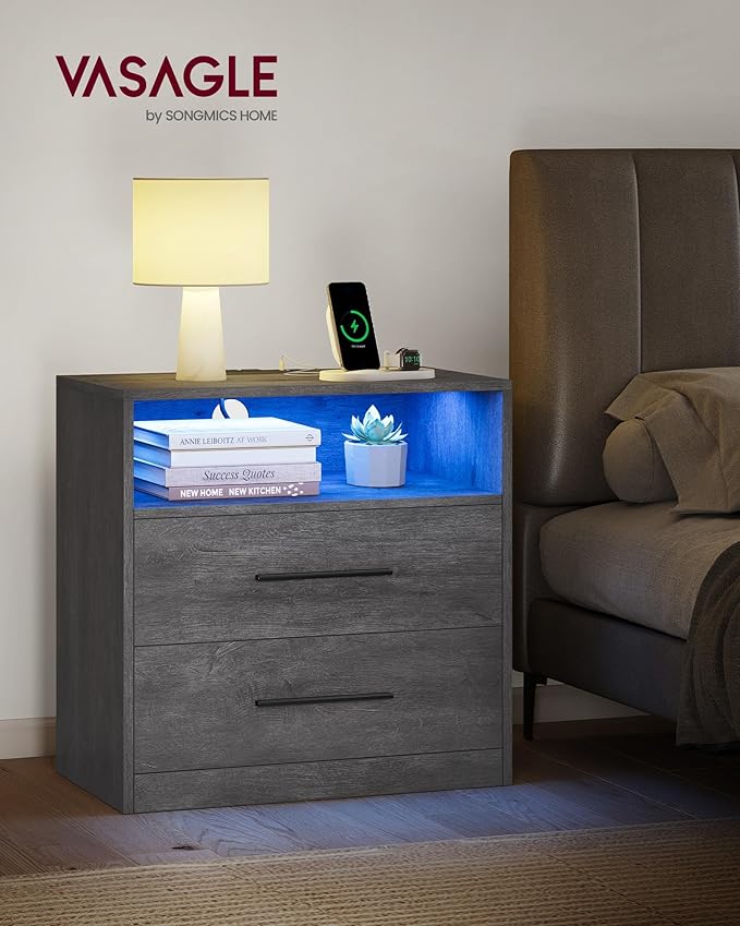 VASAGLE Custos Collection - Nightstand with Charging Station, LED Lights, Modern Night Stand, Side End Table with Drawers, Open Shelf, 2 AC Outlets USB Ports, Misty Gray ULET639GW01S
