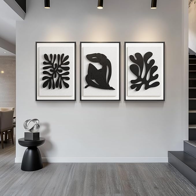 Large 3D Textured Framed Black and White Abstract Wall Art for Living Room, 3 Piece Modern Artwork for Walls, Minimalist Wall Paintings for Hallway, Staircase, Office Wall Decor, 24x36 Inch