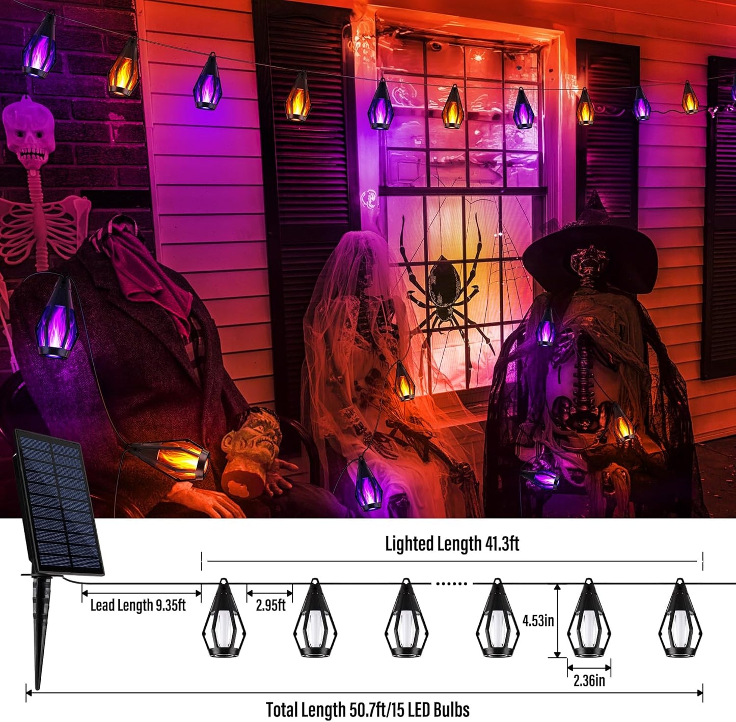 iBaycon Solar Halloween Lights, 42Ft 15 LED Bulbs Flickering Flame String Light, Outdoor Waterproof Solar Flame Lights for Garden Yard Patio Halloween Decorations (Warm White + Purple)