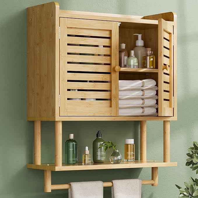 AmazerBath Bathroom Wall Cabinets, Large Bamboo Medicine Cabinets with Towel Bar, Hanging Over Toilet Storage Organizer Cabinet with Adjustable Shelves for Small Spaces, 8.3x21.3x26.6 Inches