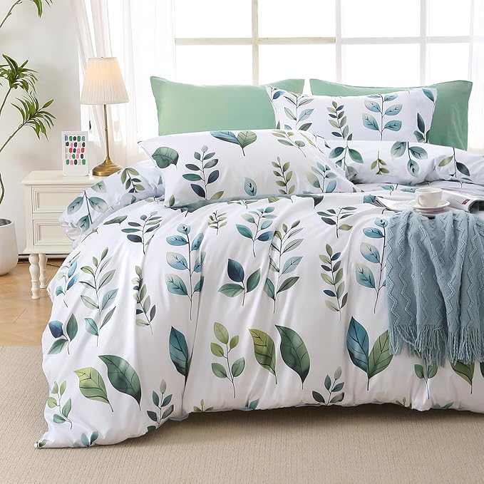 MUXHOMO Grey Green Foliage Full Comforter Set, Elegant Floral Print Bed in a Bag 7 Pieces, Soft & Breathable Reversible Botanical Pattern Bedding Set with Comforter, Sheets, Pillowcases, and Shams