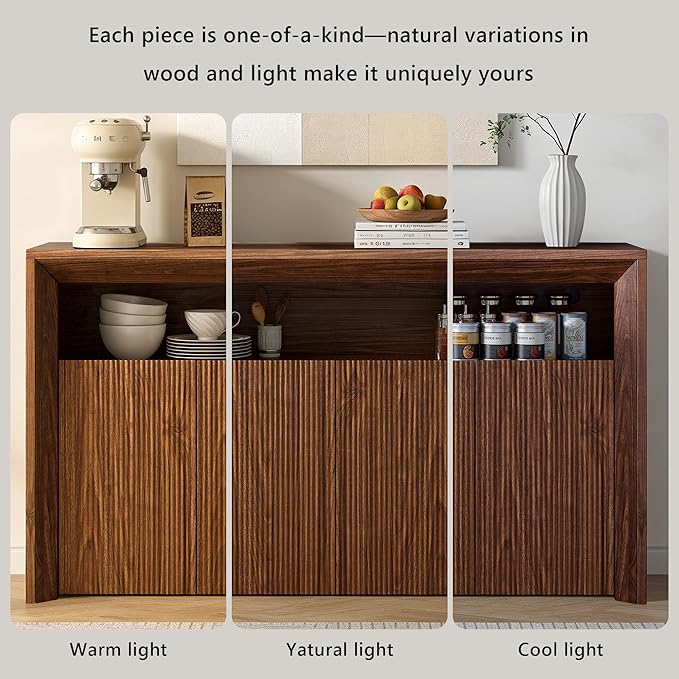 Feonase 66.2" Buffet Cabinet with Storage & Led Lights, Modern Sideboard Cabinet with 4 Doors & Shelves, Fluted Media Console Mid Century, Coffee Bar Table for Living Room Kitchen Dining Room, Walnut