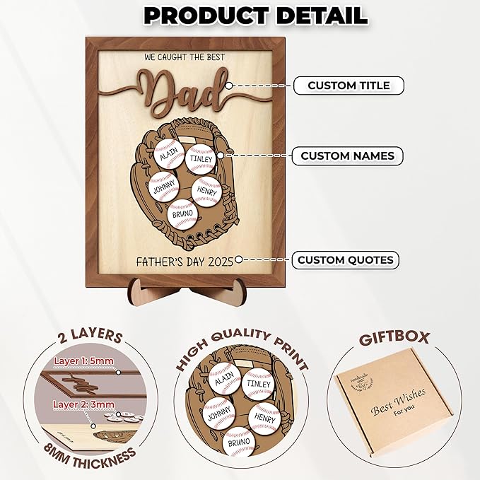 Personalized We Caught the Best Dad Baseball, Gifts Fathers Day from Son, Art Craft Family Keepsake Wood Frame Birthday Softball Gift for Dad Grandpa Daddy Papa, Family Memories Sign with Kids Names