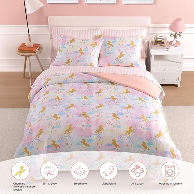 Queen Comforter Set with Sheets for Girls-7 Pieces Queen Bedding Sets with Pink Comforter, Sheets, Pillowcases & Shams for Kids (Gold Unicorn, 90" X 90")
