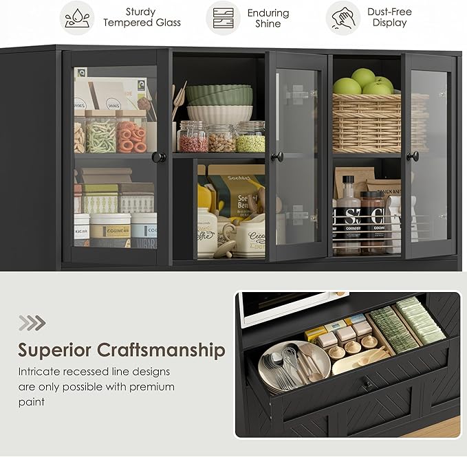 72” Tall Kitchen Pantry Storage Cabinet, Modern White Kitchen Hutch with Large Storage Drawer, Countertop, Adjustable Shelves, Food Pantry Cabinets for Dining Room, Living Room (Black)