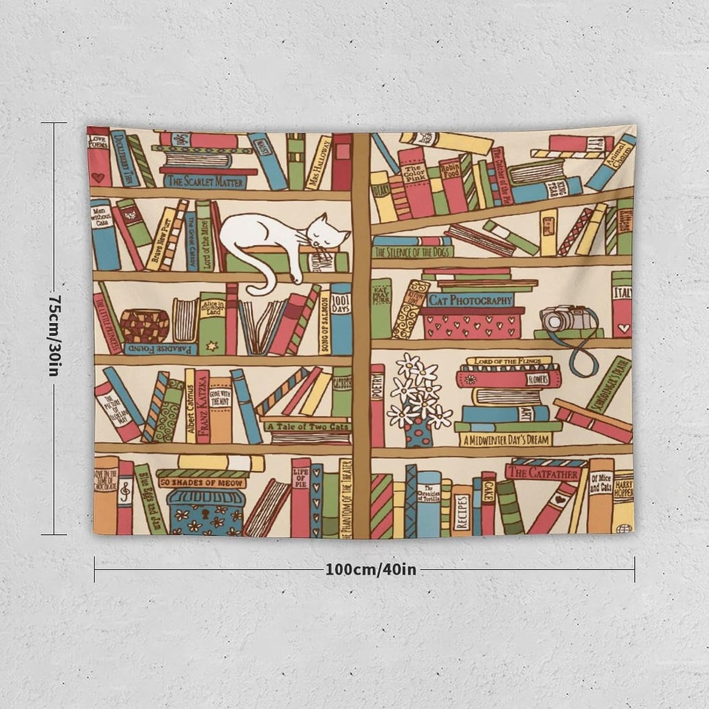 Kurtect Bookshelf Tapestry,Cute Cartoon Cat Sleeping Library Theme Pattern Print Tapestries for Party Beach Picnic Blankets Tablecloths Living Room Wall Deocr, 30x40 in
