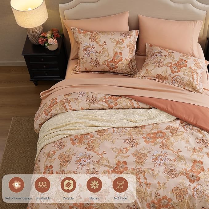 King Comforter Set -7 Pieces Terrecotta Floral Comforter Set for All Seasons, Bed in a Bag King with Botanical Flowers Comforter, Sheets, Pillowcases & Shams
