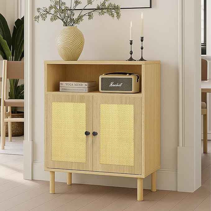 Rattan Storage Cabinet, Boho Accent Cabinet with Double Doors, Small Freestanding Sideboard for Hallway, Laundry Room,Kitchen, Dining Room, Entryway (Oak)