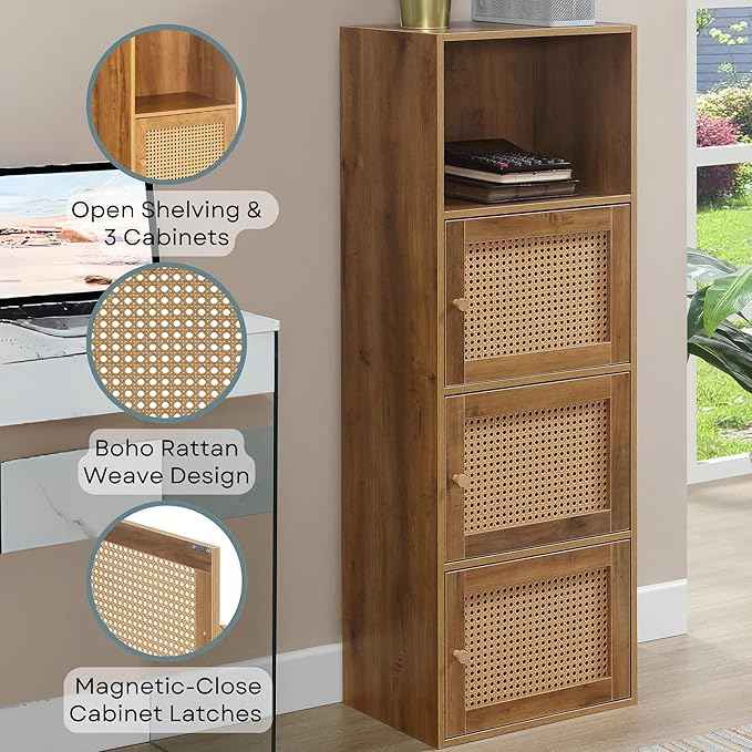 Convenience Concepts Xtra Storage Boho Weave 3 Door Cabinet 16.5" - Modern Rattan Organizer with Shelf for Living Room, Bathroom, Office, Home Library, Closet, Brown Autumn Haze/Beige Barley