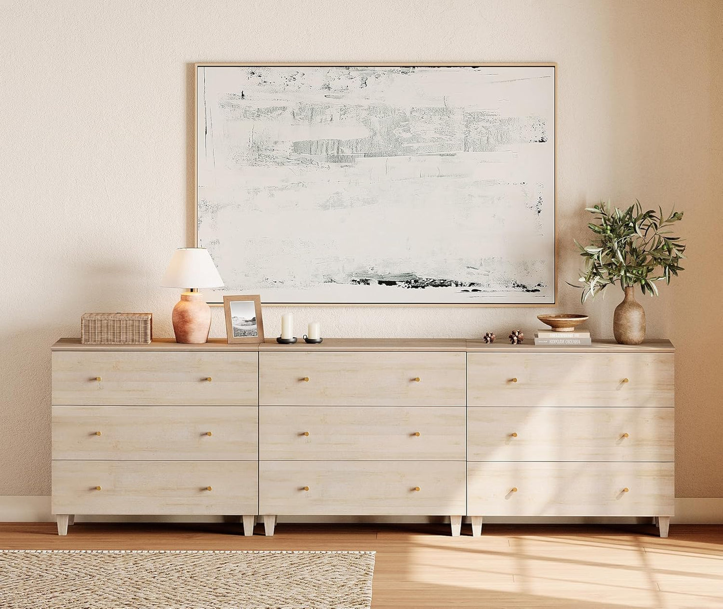 WAMPAT Dresser with 9 Drawers, Bedroom 3-in-1 Wide Wooden Chest of Drawers, Modern Long Dressers Closet Storage Organizer w/Solid Wood Legs for Living Room, Kids Room, Nursery, Light Oak, 106 Inches