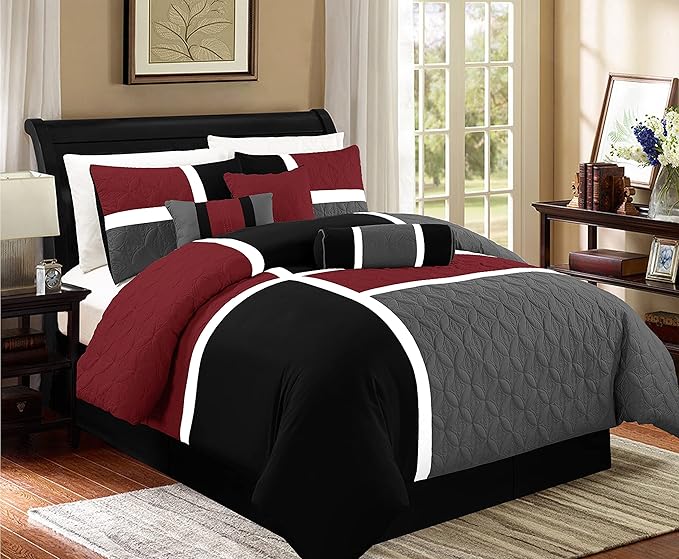 Chezmoi Collection 7-Piece Quilted Patchwork Comforter Set, Red/Gray/Black, California King