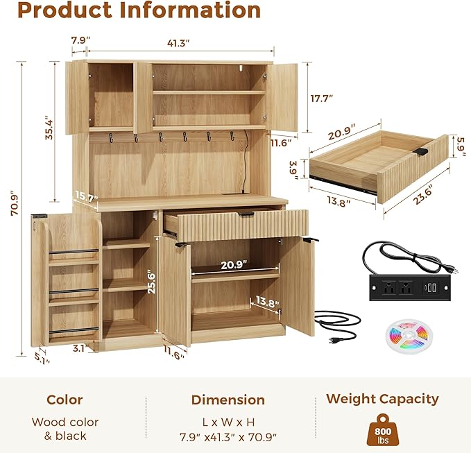 Fluted Kitchen Pantry Storage Cabinet with Charging Station/LED Light/Doors/Shelves, 71'' Tall Kitchen Food Hutch with Microwave Stand for Dining Room Living Room (Natural, 41 * 15.7 * 71)