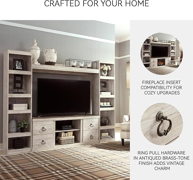Signature Design by Ashley Willowton Farmhouse 4-Piece Entertainment Center for TVs up to 69" with Adjustable Shelves, Whitewash