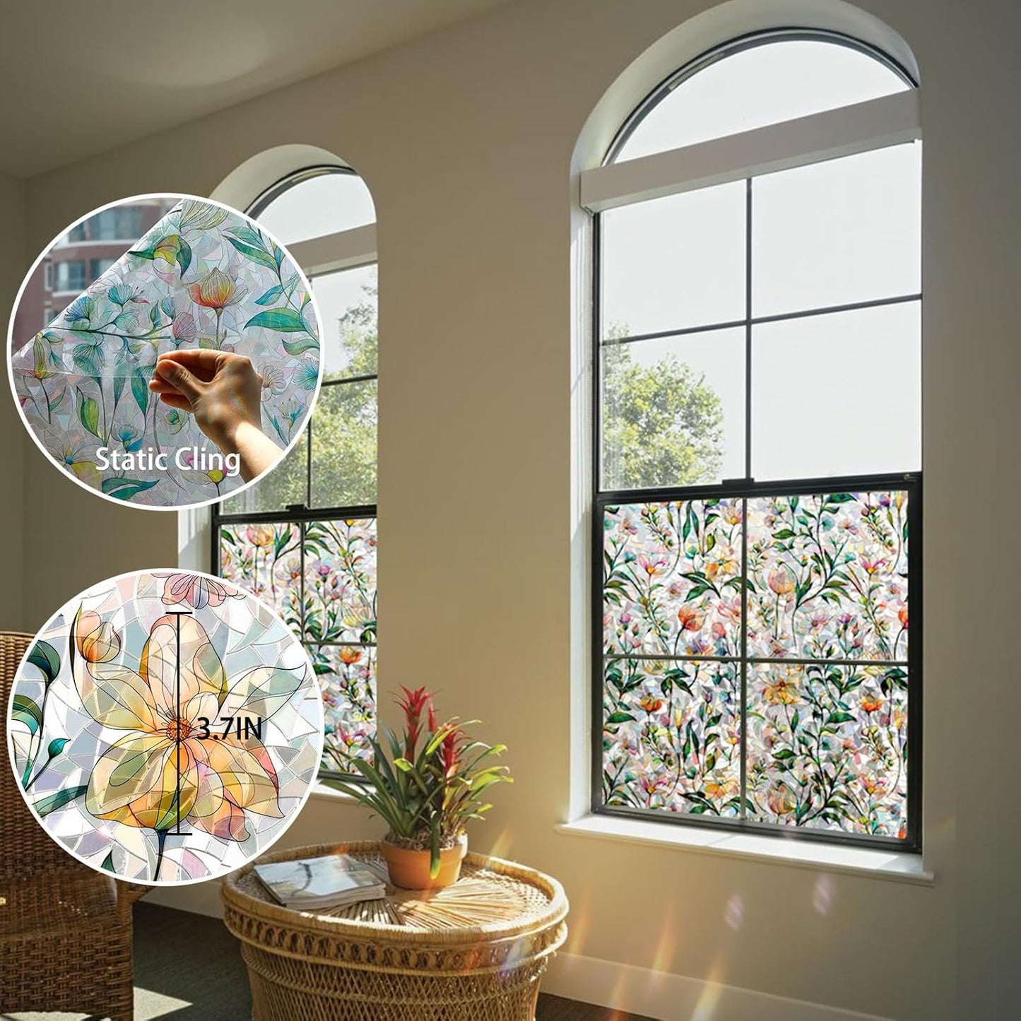 Rainbow Window Privacy Film 3D Floral Decorative Stained Glass Window Film Anti UV Non-Adhesive Reusable 23.6" x 157.4" for Home Room Car Glass Cling