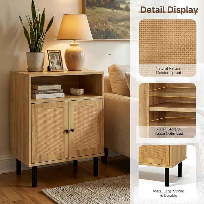 Narrow Storage Cabinet with Rattan Doors, 32" Tall Small Cabinet for Bathroom, Small Space Hallway Entryway, Free-Standing Sideboard for Laundry Room Kitchen, Easy Assembly(Dark Oak)