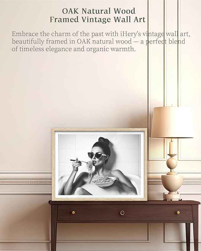 iHery Natural OAK Wood Framed Woman Eating Spaghetti in Bathtub Wall Art, 12x16in Beige Frame Woman Eating Pasta Canvas Print, Black and White Bathroom Poster, Retro Decor Set of 1