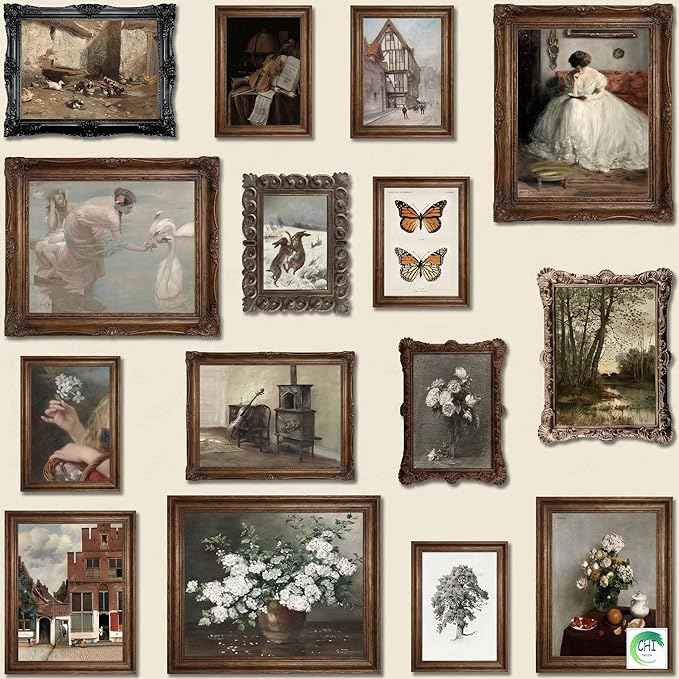 LANCHI95 15PCS Vintage European Gallery Wall Art Set, Classic French Country Painting Prints, Rustic Antique Home Decor, Moody Floral & Landscape Wall Art for Living Room Bedroom (UNFRAMED) Vintage 16