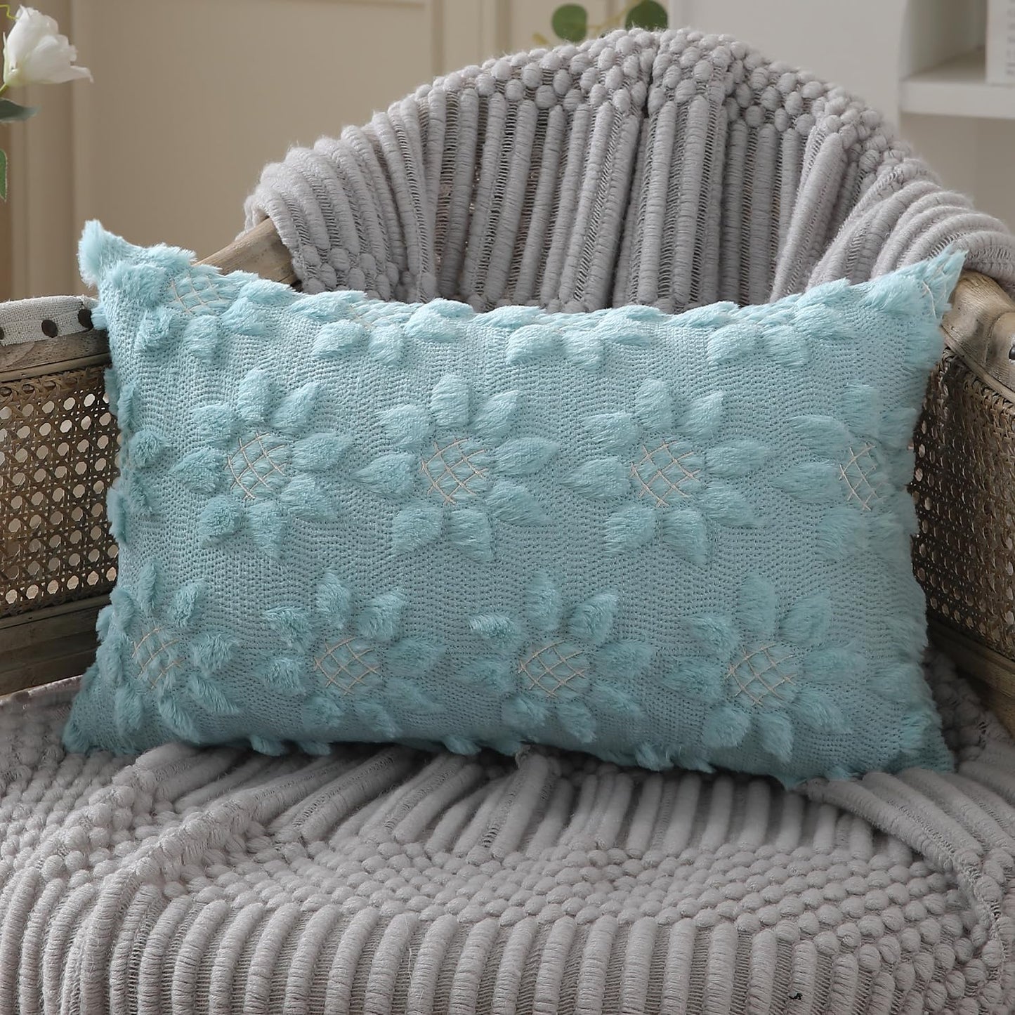 DFXSZ Spring Summer Pillow Covers 12x20 inch Set of 2 Farmhouse Decor White Flower Heart Sunflower Blue Soft Plush Faux Fur Jacquard Throw Pillows for Sofa Holiday Spring Home Decor PTK024G12