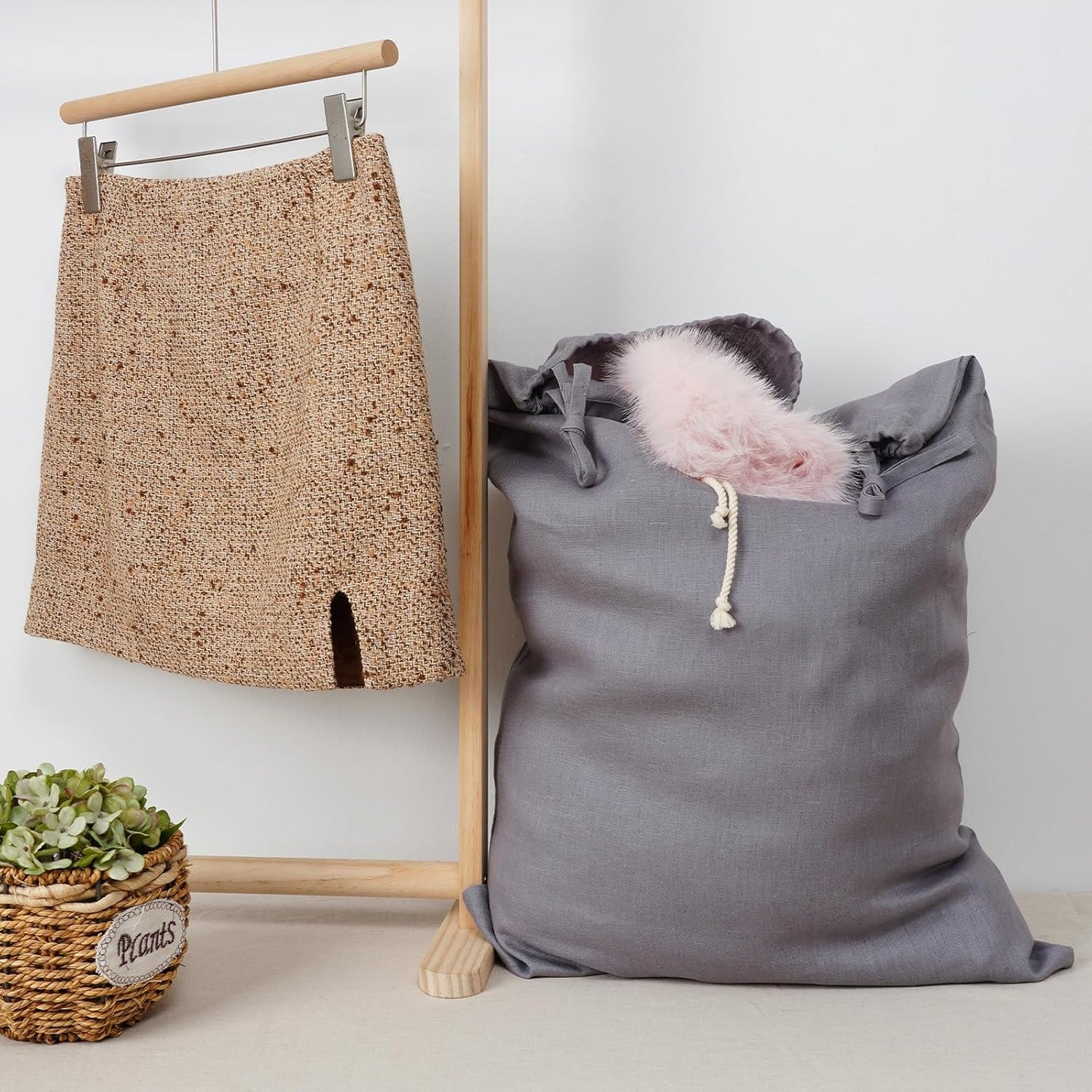 Linen Hanging Laundry Bag, Over The Door Laundry Hamper for Dirty Clothes, Drawstring Closure with Bottom Zipper, Gray