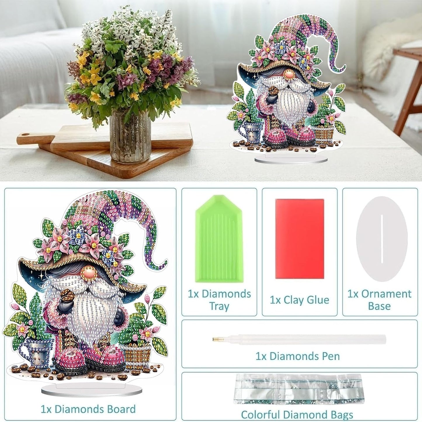 Diamond Painting Kits for Adults Beginners, 5D Full Drill Dwarf Crystal Art Desktop Ornament, DIY Single Sided Home Office Desk Decor, Creative Craft Gift Set with Tools