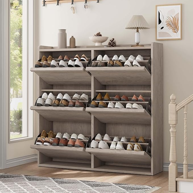 GarveeHome Shoe Cabinet with 6 Flip Drawers, Wooden Shoe Organizer Cabinet with Adjustable Shelf, Shoe Storage for Entryway, Hidden Shoe Cabinet for Hallway, Living Room, Grey
