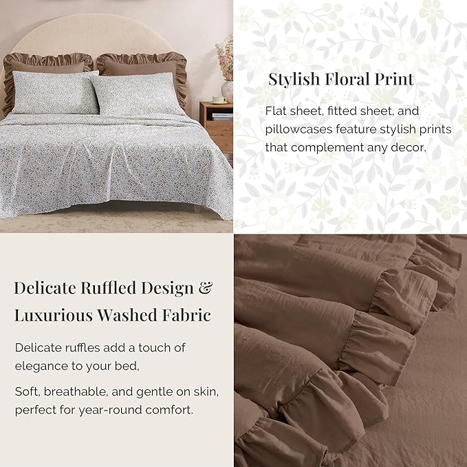 Twin XL Comforter Set - 5 Pieces Ruffle Amber Brown Floral Bedding Sets, Shabby Chic Farmhouse Bed in a Bag with Ruffle Comforter, Floral Sheets, Pillowcase & Sham