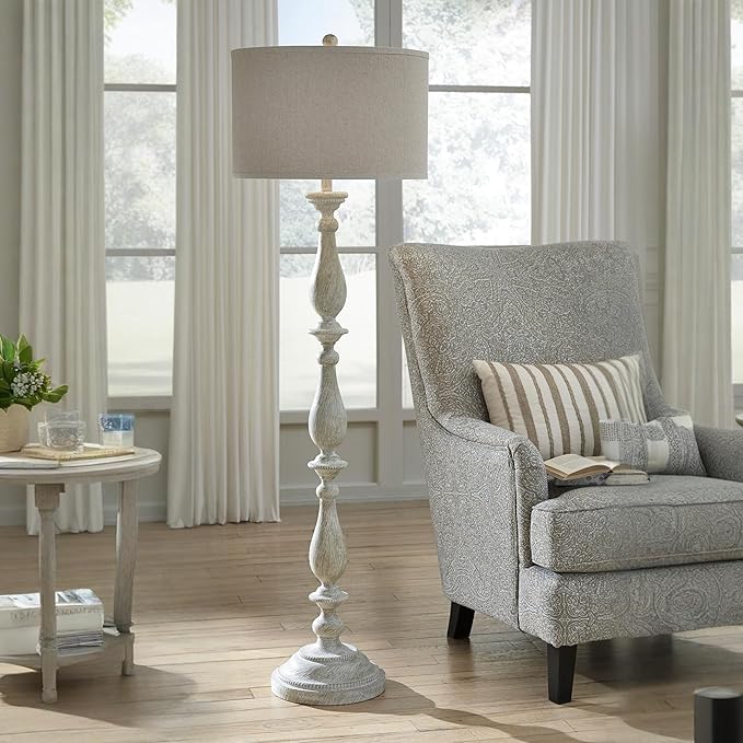 Signature Design by Ashley Bernadate Cottage Candlestick Design Poly Floor Lamp, 3-Way Switch, Cast Resin & Fabric Drum Shade, 18" W x 18" D x 61.13" H, Whitewash
